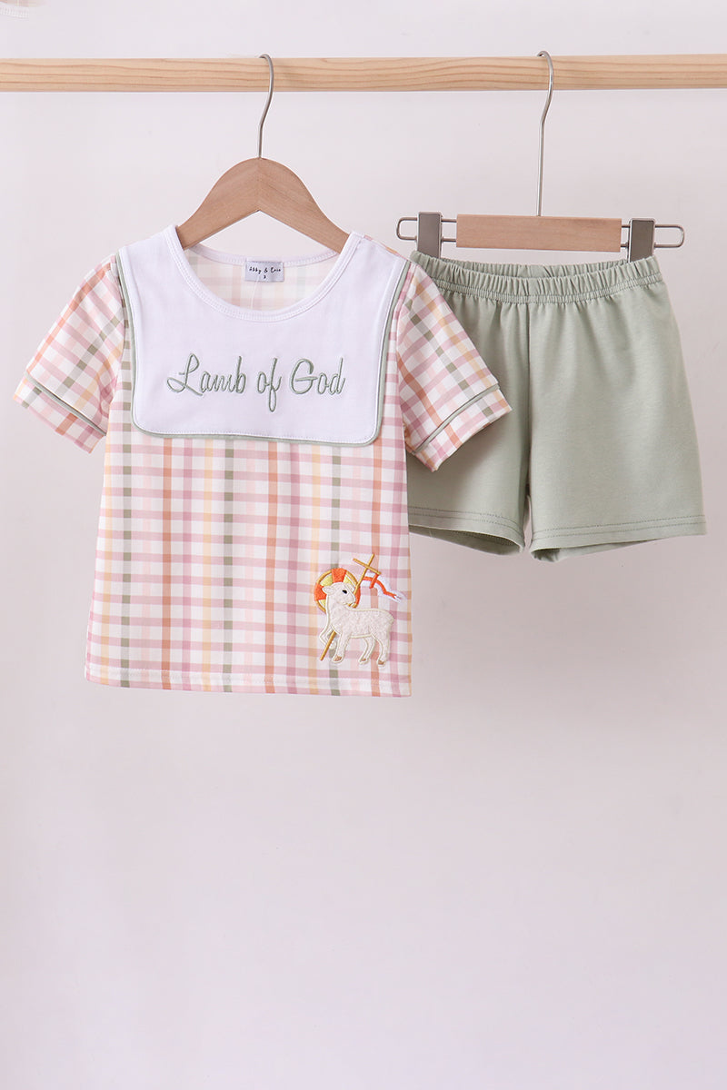 Lawb of god applique plaid shorts set - Cloudling Kids Clothing