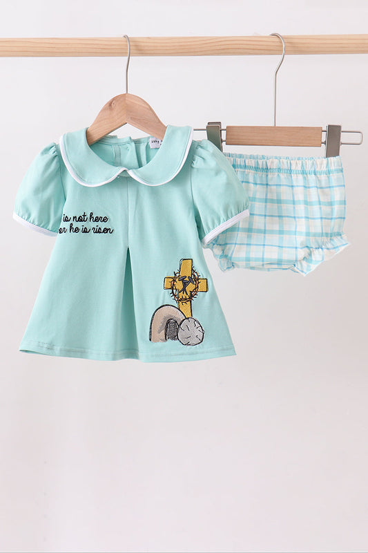 Blue he is risen embroidery bloomer set - Cloudling Kids Clothing