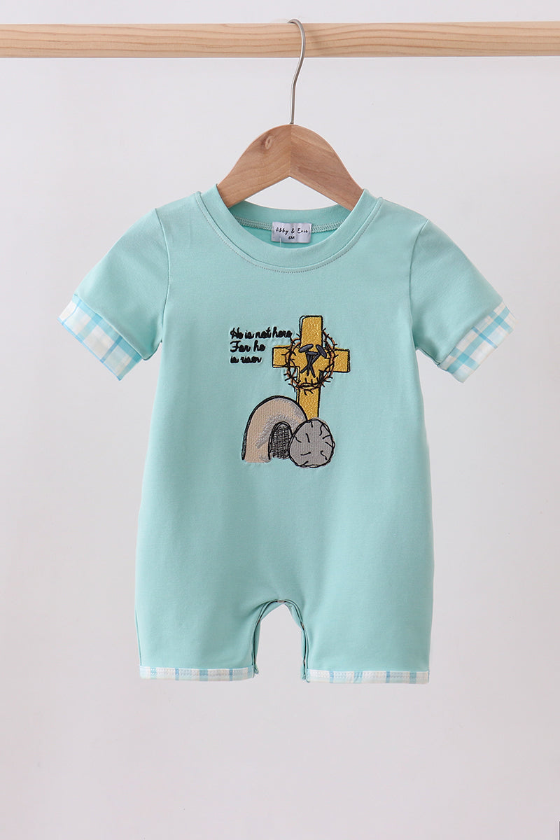 Blue he is risen embroidery romper - Cloudling Kids Clothing