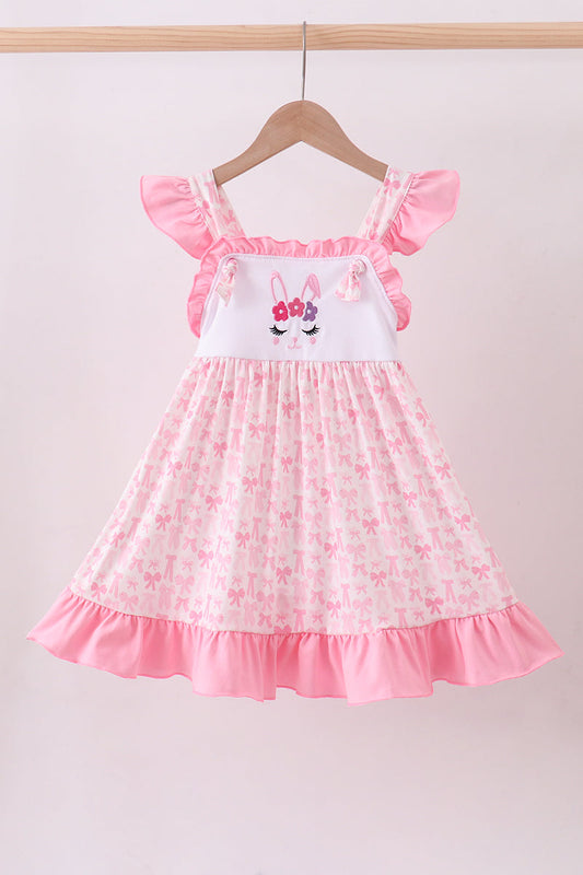 Pink bow bunny embroidery ruffle dress - Cloudling Kids Clothing