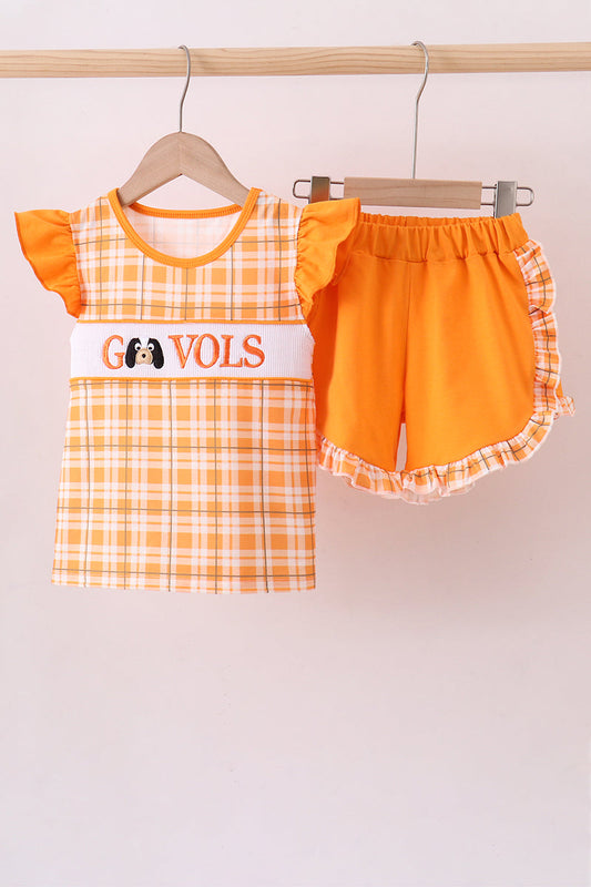 Tennessee Go vols smocked plaid ruffle shorts set - Cloudling Kids Clothing