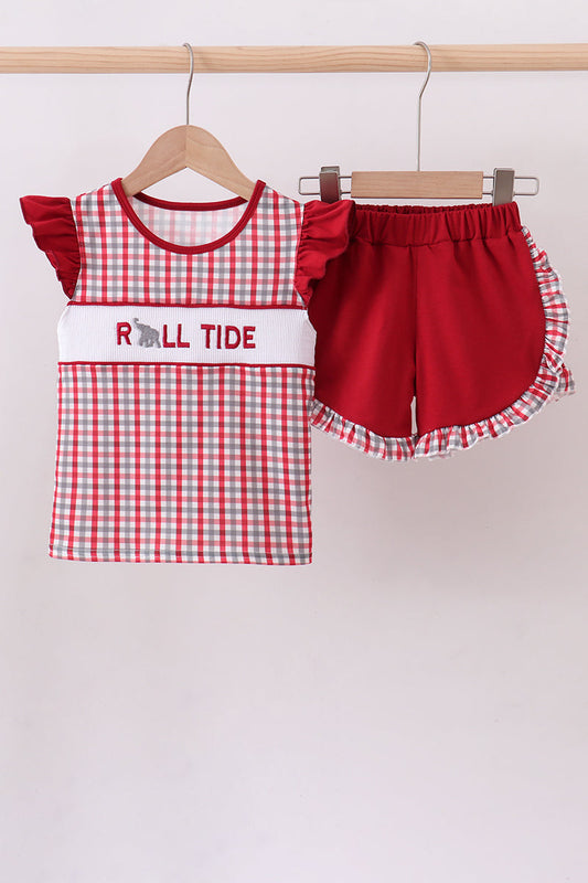 Alabama roll tide smocked ruffle plaid shorts set - Cloudling Kids Clothing