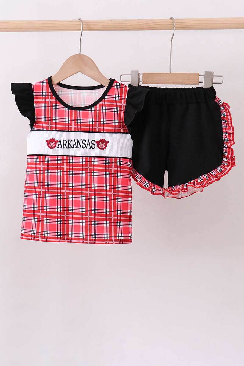 Arkansas smocked plaid ruffle shorts set - Cloudling Kids Clothing