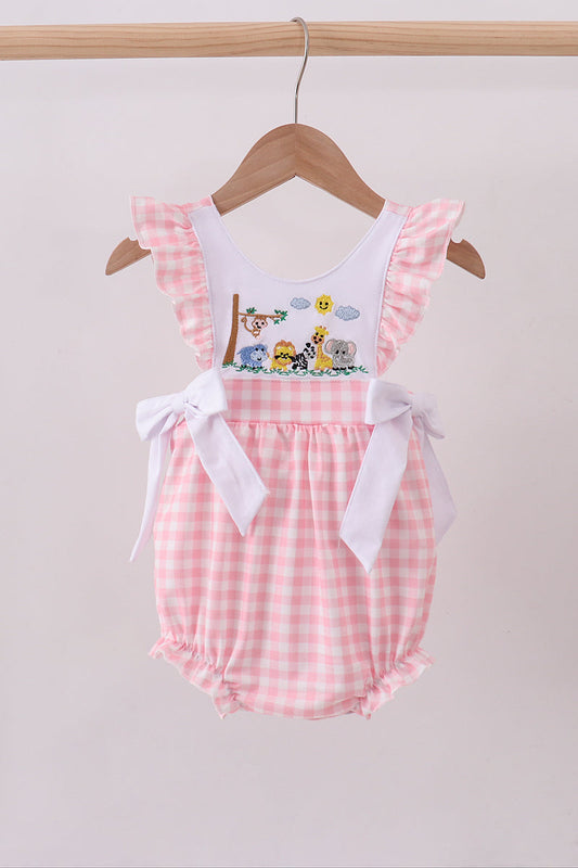 Pink zoo embroidery gingham ruffle bubble - Cloudling Kids Clothing