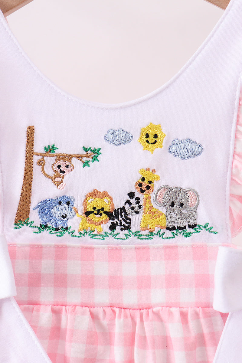 Pink zoo embroidery gingham ruffle bubble - Cloudling Kids Clothing