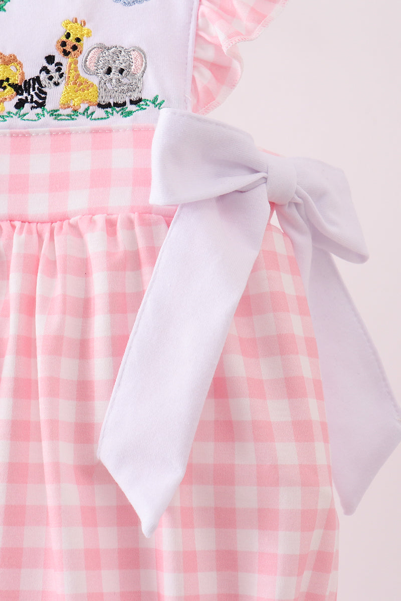 Pink zoo embroidery gingham ruffle bubble - Cloudling Kids Clothing