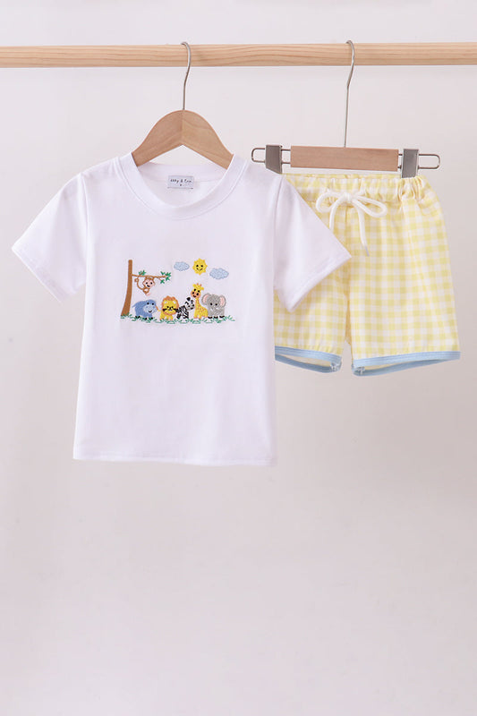 White zoo embroidery gingham shorts set - Cloudling Kids Clothing