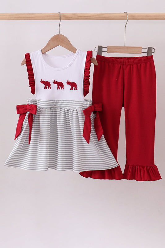 Maroon Alabama embroidery stripe ruffle pants set - Cloudling Kids Clothing