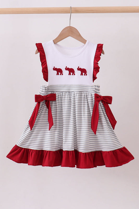 Maroon Alabama embroidery stripe ruffle dress - Cloudling Kids Clothing