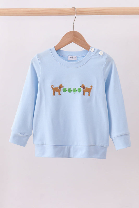 Blue puppy clover embroidery top - Cloudling Kids Clothing