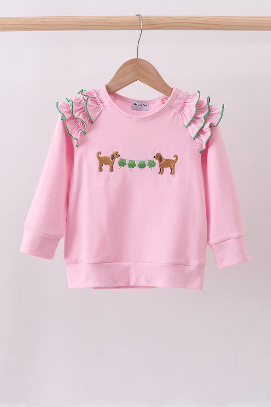 Pink puppy clover embroidery ruffle top - Cloudling Kids Clothing