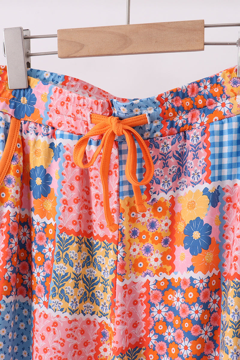 Orange floral patchwork bamboo women pants - Cloudling Kids Clothing