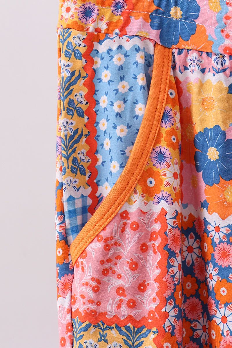 Orange floral patchwork bamboo women pants - Cloudling Kids Clothing
