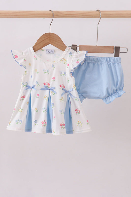 Blue floral bow bloomer set - Cloudling Kids Clothing