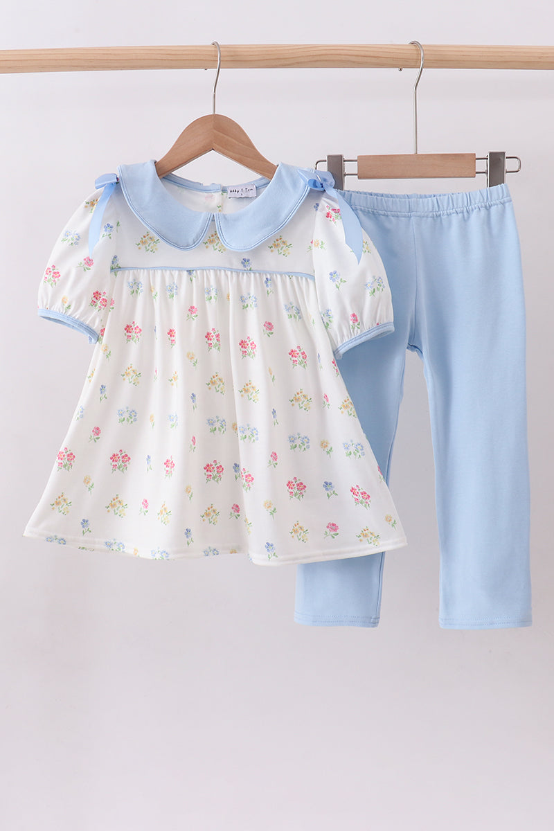Blue floral bow pants set - Cloudling Kids Clothing