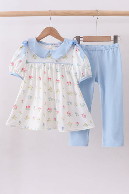Blue floral bow pants set - Cloudling Kids Clothing