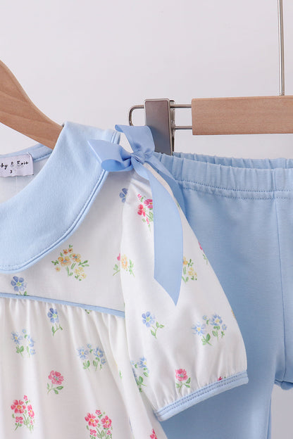 Blue floral bow pants set - Cloudling Kids Clothing