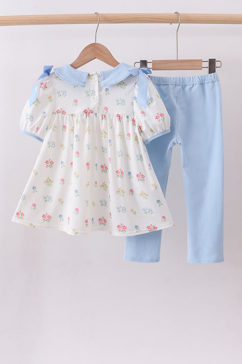 Blue floral bow pants set - Cloudling Kids Clothing