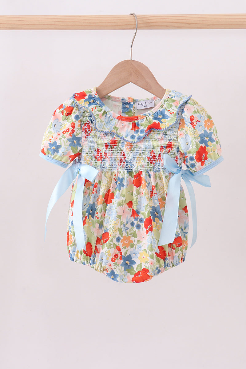 Floral smocked ruffle bubble - Cloudling Kids Clothing