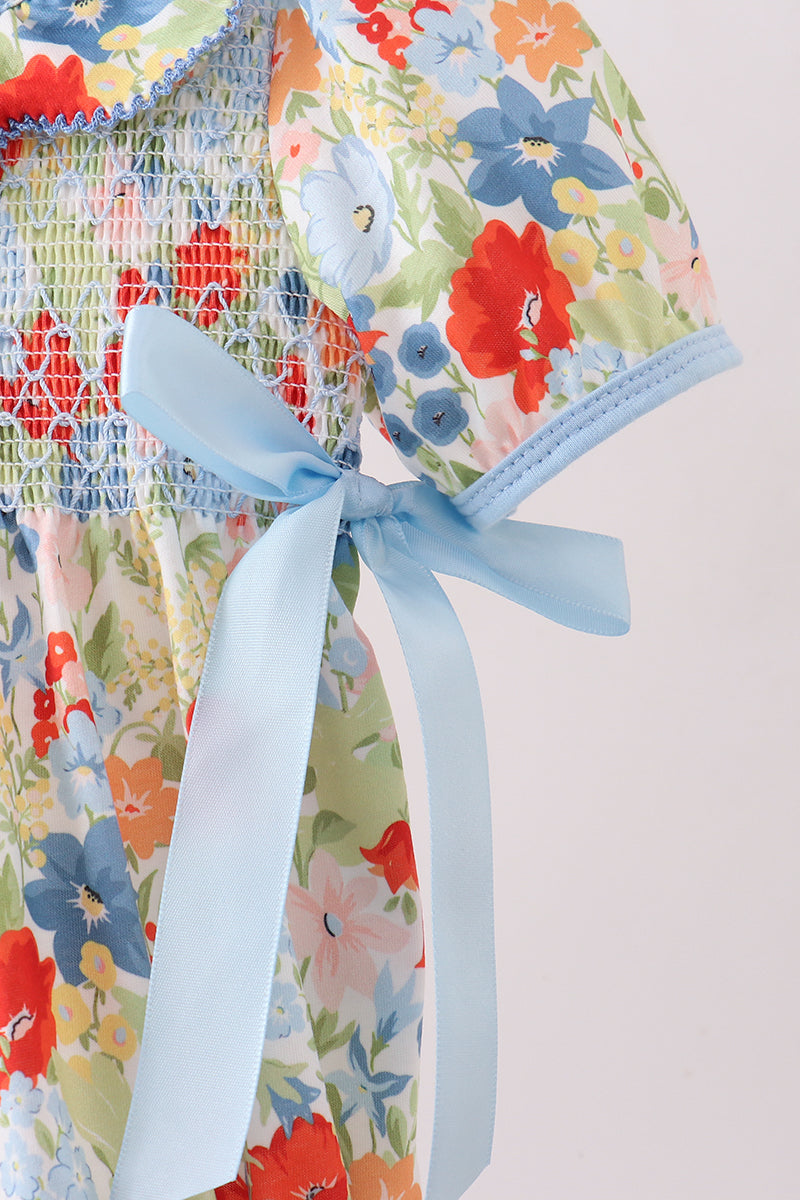 Floral smocked ruffle bubble - Cloudling Kids Clothing