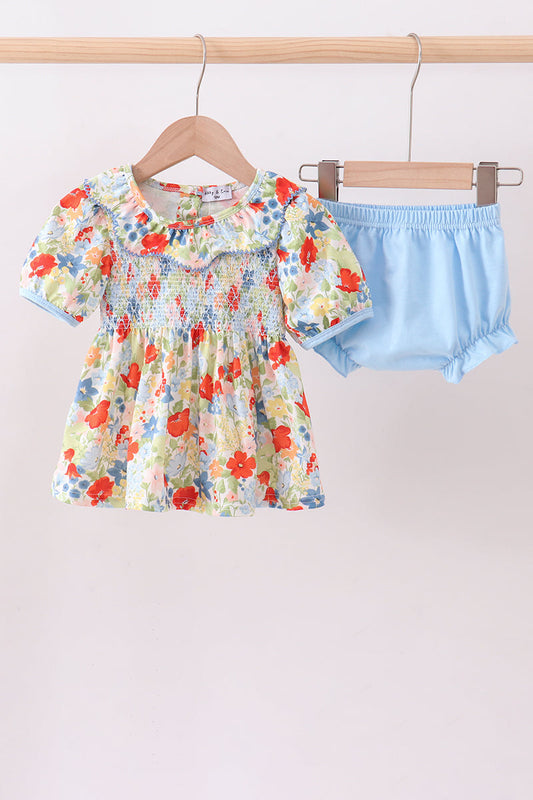 Floral smocked ruffle bloomer set - Cloudling Kids Clothing