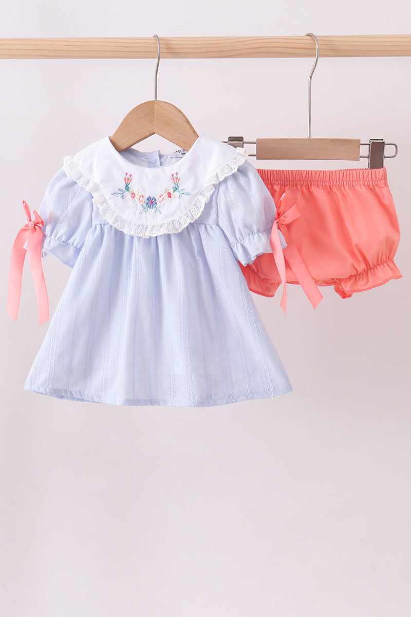 Blue jacquard floral embroidery bloomer set - Cloudling Kids Clothing