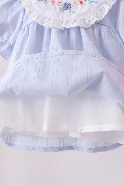Blue jacquard floral embroidery bloomer set - Cloudling Kids Clothing