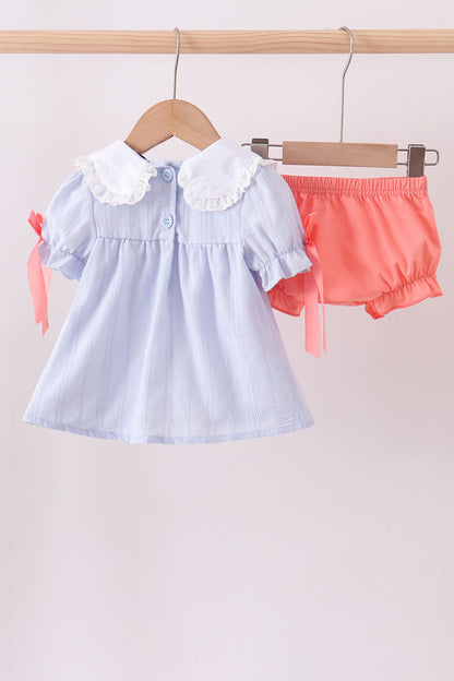 Blue jacquard floral embroidery bloomer set - Cloudling Kids Clothing