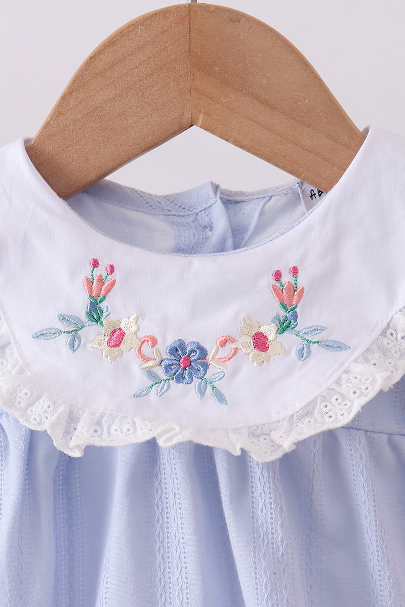 Blue jacquard floral embroidery bloomer set - Cloudling Kids Clothing