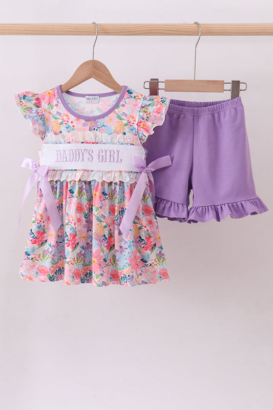 Purple floral daddy's girl smocked ruffle shorts set - Cloudling Kids Clothing