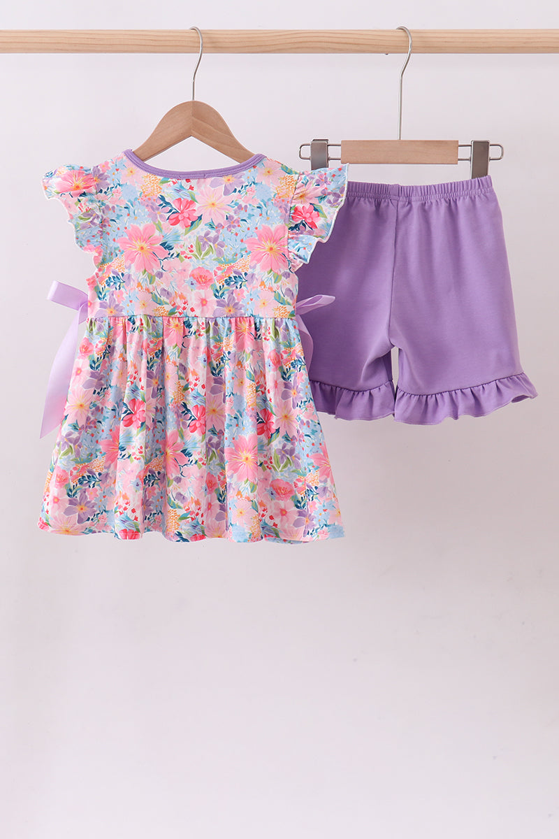 Purple floral daddy's girl smocked ruffle shorts set - Cloudling Kids Clothing