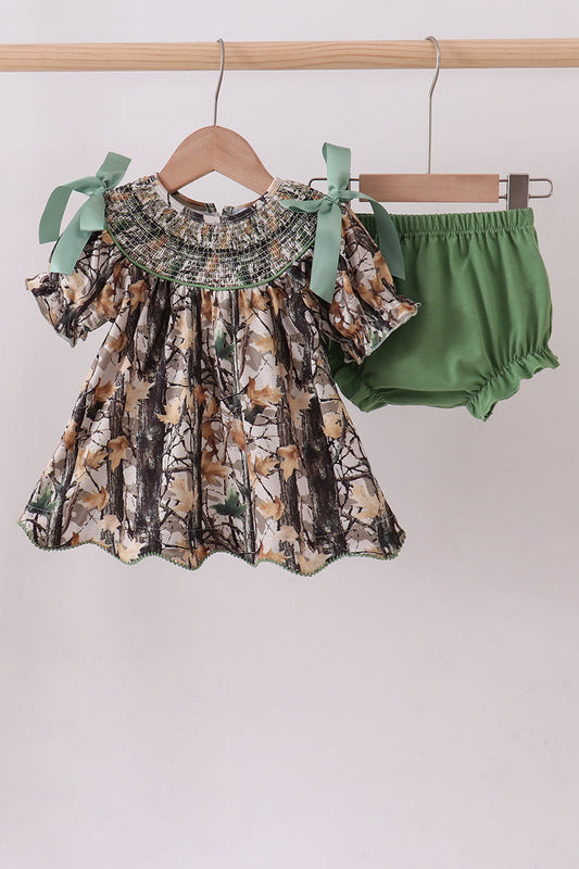 Camouflage smocked bow bloomer set - Cloudling Kids Clothing