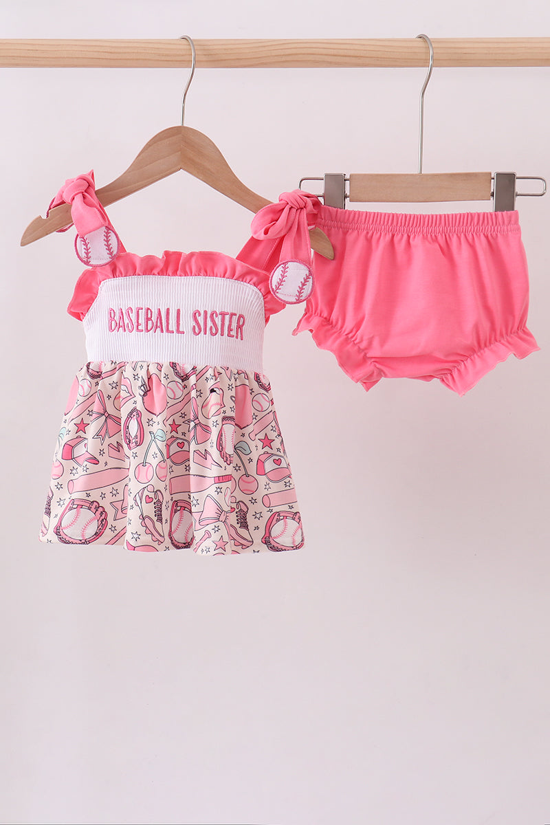 Pink baseball smocked ruffle bloomer set - Cloudling Kids Clothing