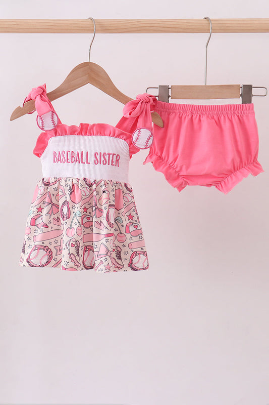 Pink baseball smocked ruffle bloomer set - Cloudling Kids Clothing