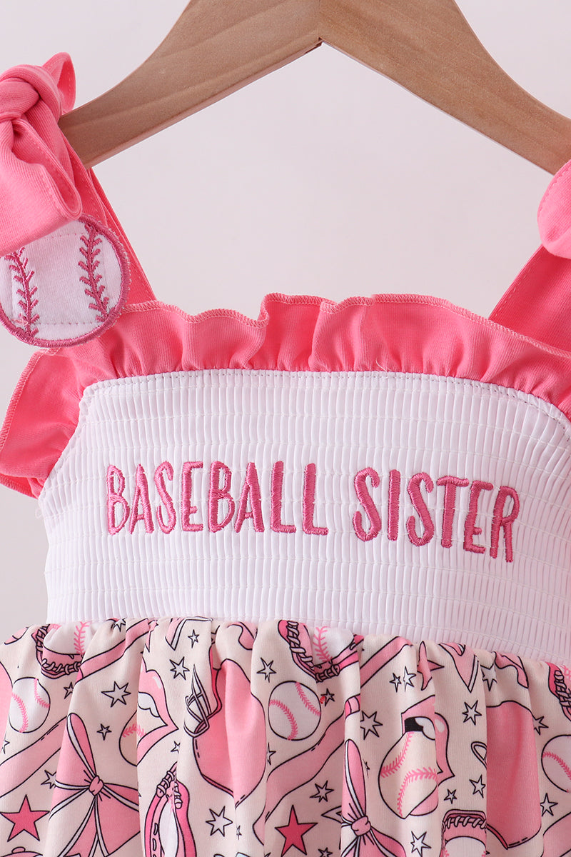Pink baseball smocked ruffle bloomer set - Cloudling Kids Clothing