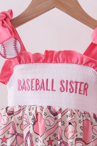 Pink baseball smocked ruffle bloomer set - Cloudling Kids Clothing