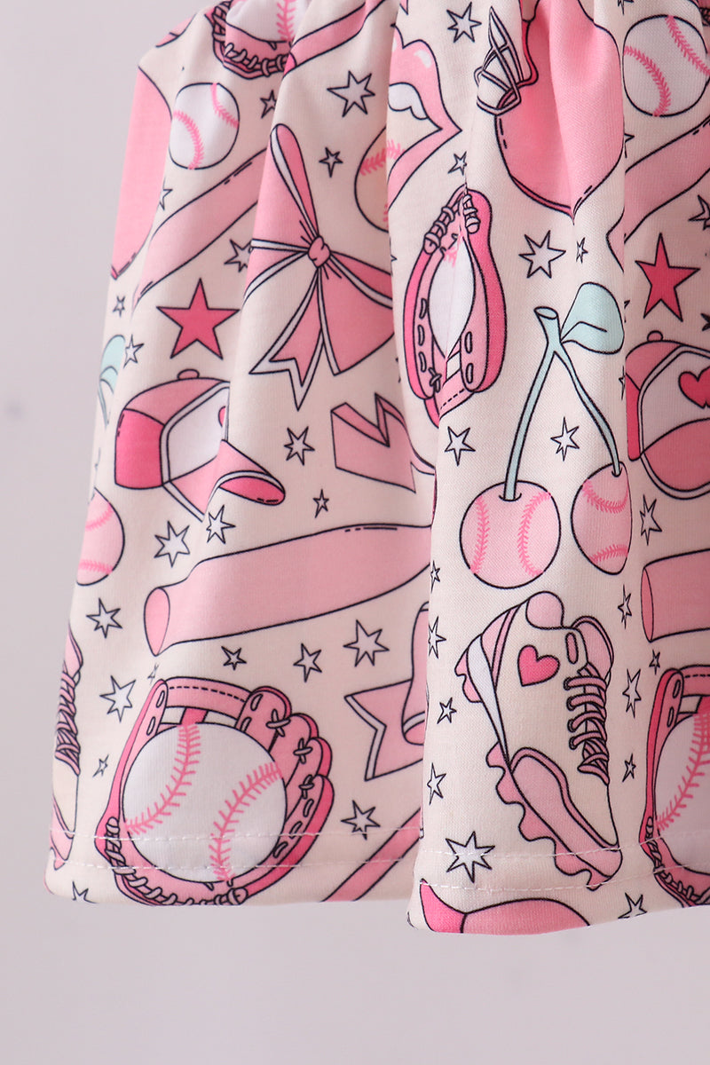 Pink baseball smocked ruffle bloomer set - Cloudling Kids Clothing