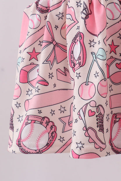 Pink baseball smocked ruffle bloomer set - Cloudling Kids Clothing