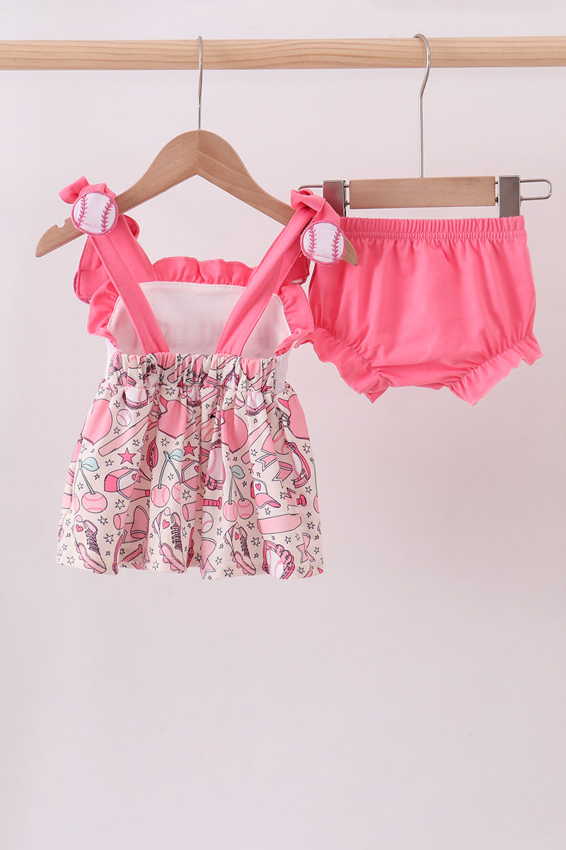 Pink baseball smocked ruffle bloomer set - Cloudling Kids Clothing