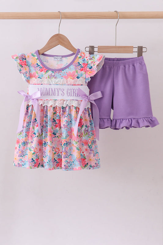 Purple MOMMY'S GIRL smocked ruffle shorts set - Cloudling Kids Clothing