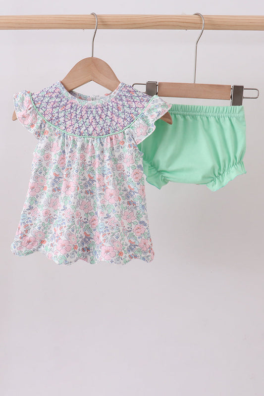 Green floral smocked ruffle bloomer set - Cloudling Kids Clothing