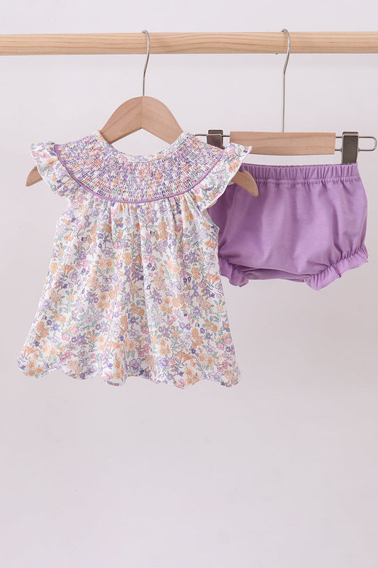 Purple floral smocked ruffle bloomer set - Cloudling Kids Clothing