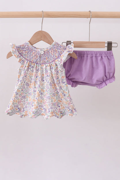 Purple floral smocked ruffle bloomer set - Cloudling Kids Clothing
