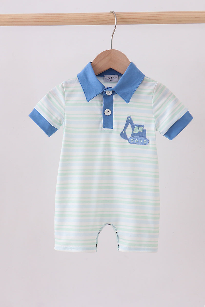 Blue stripe excavator embroidery stripe romper - Cloudling Kids Clothing