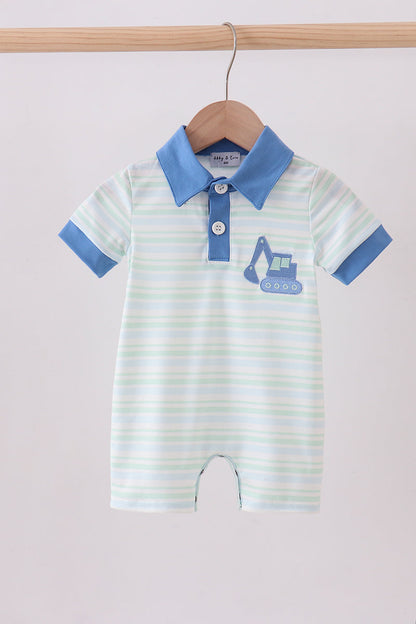 Blue stripe excavator embroidery stripe romper - Cloudling Kids Clothing