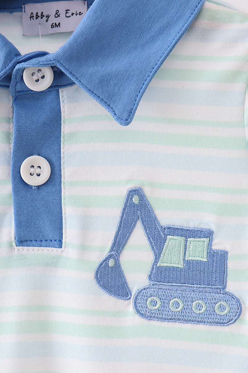 Blue stripe excavator embroidery stripe romper - Cloudling Kids Clothing