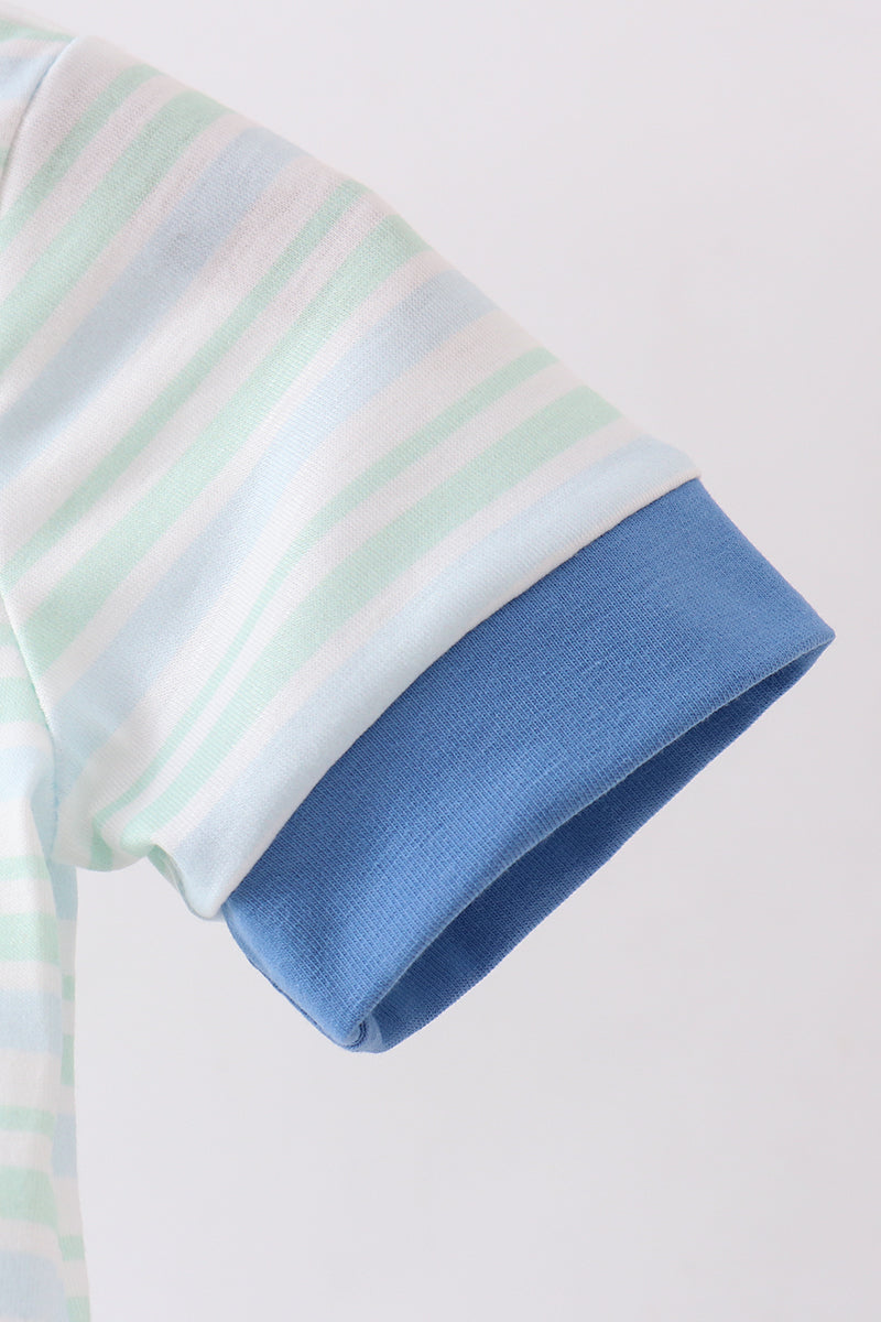 Blue stripe excavator embroidery stripe romper - Cloudling Kids Clothing