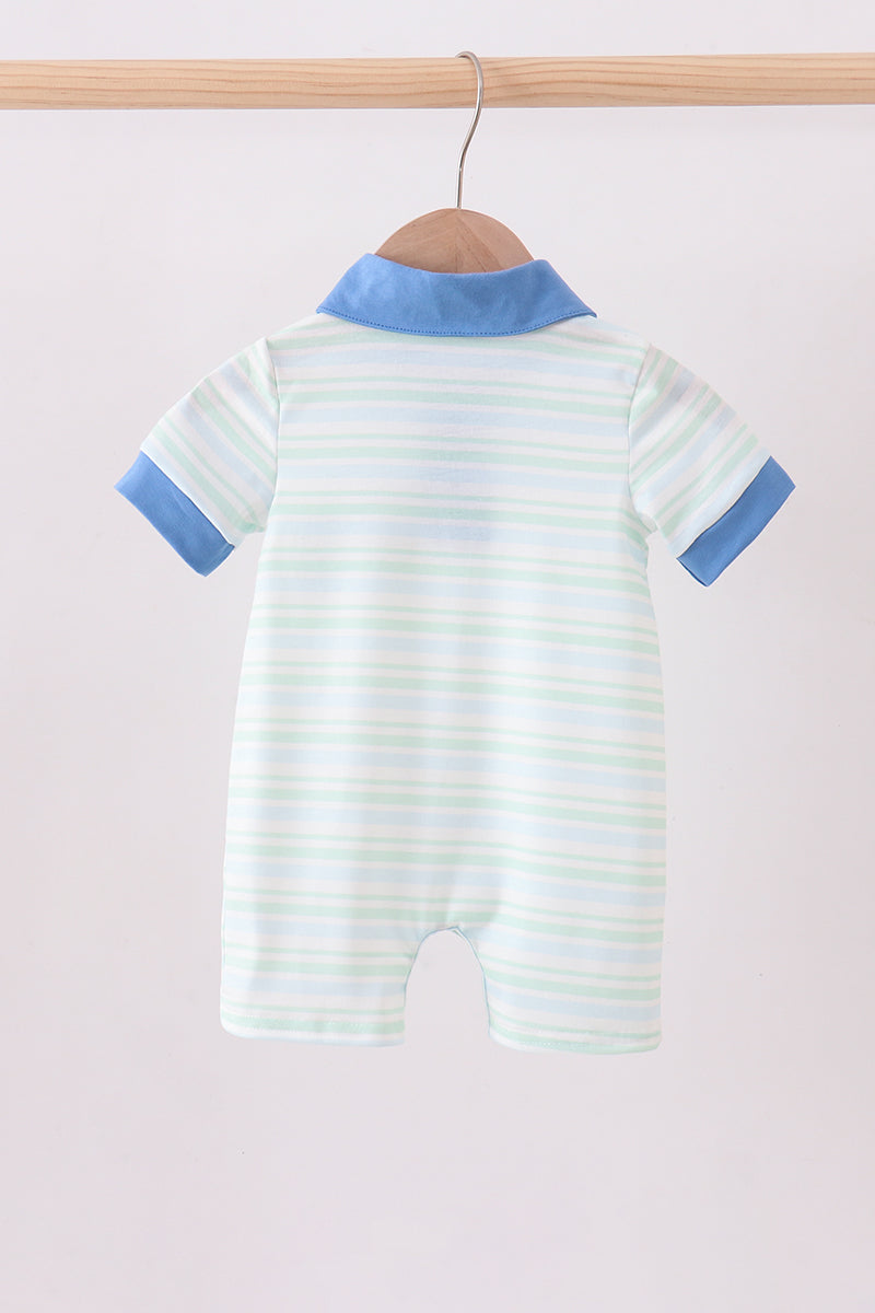 Blue stripe excavator embroidery stripe romper - Cloudling Kids Clothing