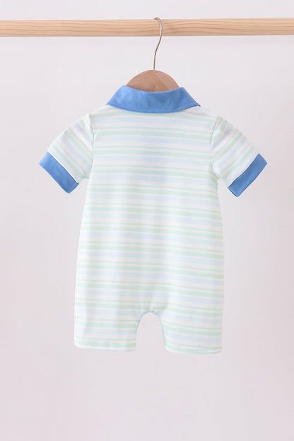 Blue stripe excavator embroidery stripe romper - Cloudling Kids Clothing