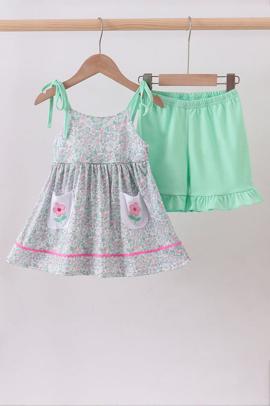 Green floral print ruffle shorts set - Cloudling Kids Clothing